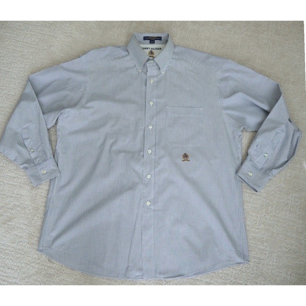 Vintage Tommy Hilfiger‎ Men Blue White Striped Button Down Shirt Crest Logo 16 L